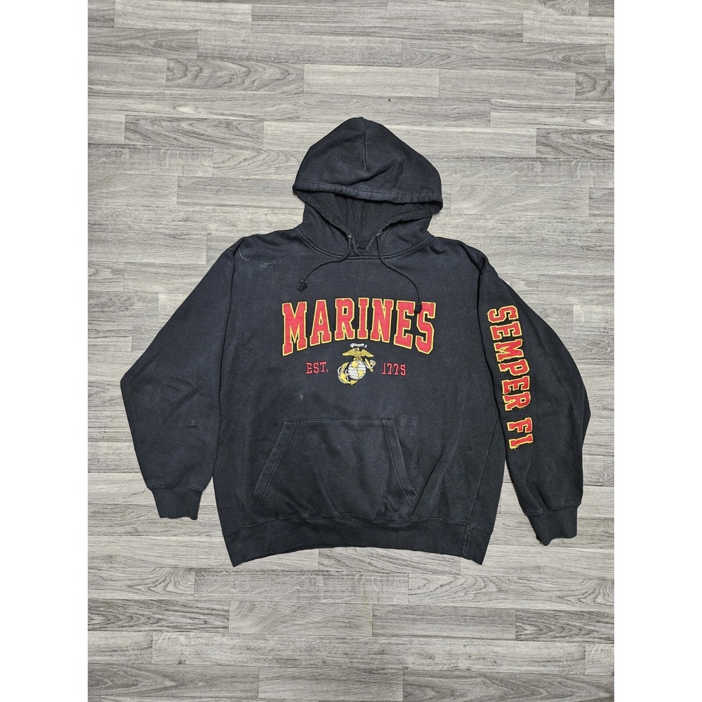 Vintage Marine Simper Fi Black Hoodie Size X-Large Sleeve Spellout MV Sport
